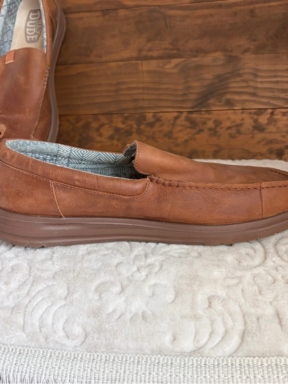 Hey Dude Wally Grip Moc Craft Leather Shoes Men Sz 15 Brown Slip On Comfort EUC - Picture 16 of 16